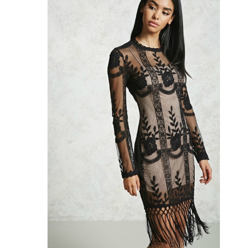 Forever 21 Black Mesh Midi Dress with fringe